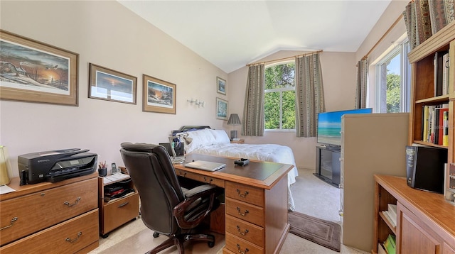 4920 Woodhurst Dr, Sarasota, FL 34243 - office featuring vaulted ceiling and light colored carpet