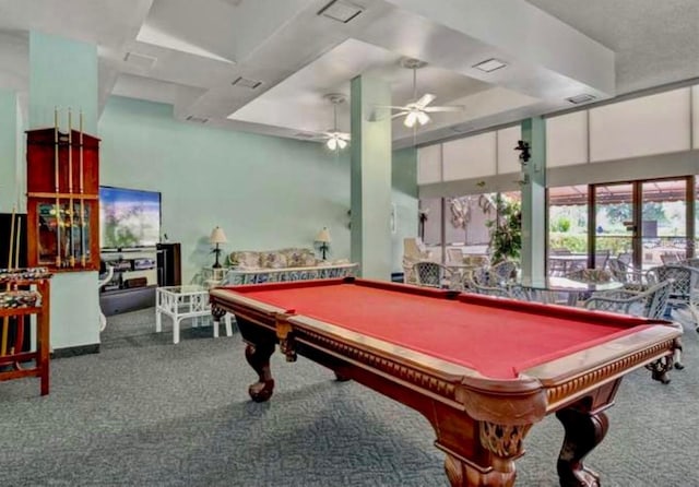 5855 Midnight Pass Rd Unit 621, Sarasota, FL 34242 - rec room with carpet floors, billiards table, a ceiling fan, and a high ceiling