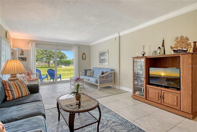 4840 Gulf Of Mexico Dr Unit 15, Longboat Key, FL 34228 - living room featuring ornamental molding, a textured ceiling, and light tile patterned floors