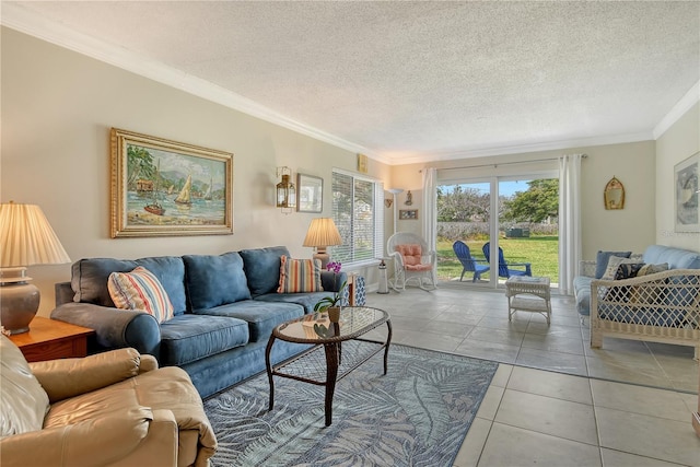4840 Gulf Of Mexico Dr Unit 15, Longboat Key, FL 34228 - living area featuring ornamental molding, light tile patterned flooring, and a textured ceiling