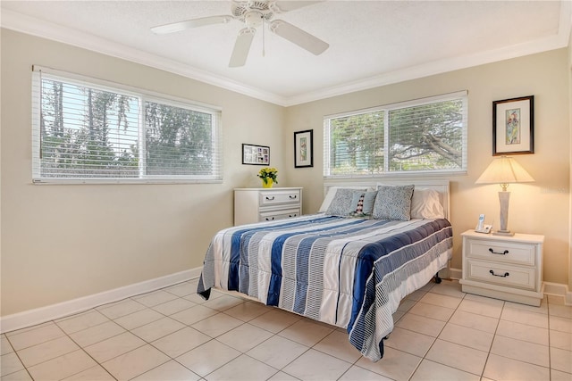 4840 Gulf Of Mexico Dr Unit 15, Longboat Key, FL 34228 - bedroom featuring ornamental molding, light tile patterned flooring, baseboards, and ceiling fan
