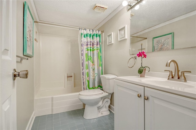4840 Gulf Of Mexico Dr Unit 15, Longboat Key, FL 34228 - full bathroom with tile patterned floors, toilet, a textured ceiling, vanity, and shower / bathtub combination with curtain