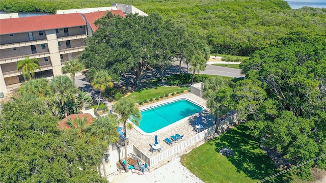 4840 Gulf Of Mexico Dr Unit 15, Longboat Key, FL 34228 - bird's eye view of a pool area and a heavily wooded area