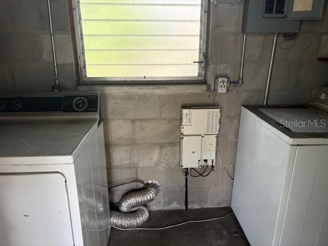 1758 35th St, Sarasota, FL 34234 - clothes washing area with washer / clothes dryer, concrete block wall, electric panel, and plenty of natural light
