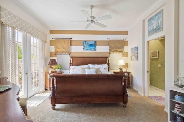 4804 Jacaranda Heights Dr, Venice, FL 34293 - bedroom with carpet floors, access to exterior, crown molding, ceiling fan, and ensuite bath