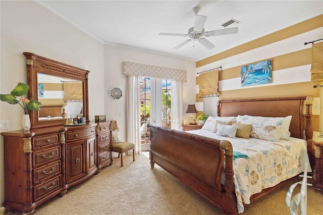 4804 Jacaranda Heights Dr, Venice, FL 34293 - bedroom featuring light carpet, access to outside, ornamental molding, and ceiling fan