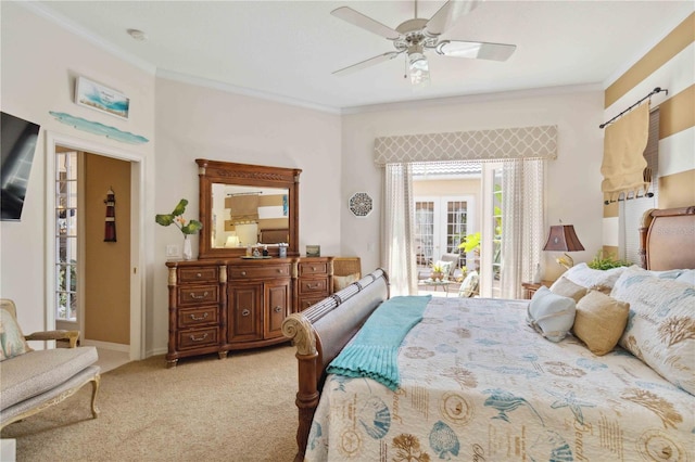 4804 Jacaranda Heights Dr, Venice, FL 34293 - bedroom featuring access to outside, ornamental molding, light colored carpet, and ceiling fan