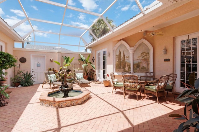 4804 Jacaranda Heights Dr, Venice, FL 34293 - view of patio / terrace featuring french doors, a lanai, and ceiling fan