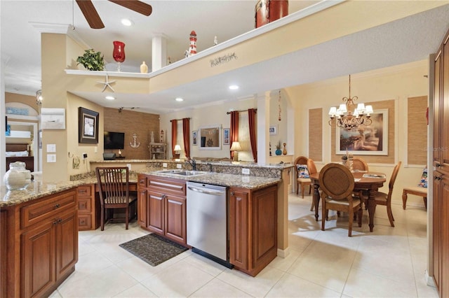 4804 Jacaranda Heights Dr, Venice, FL 34293 - kitchen with dishwasher, crown molding, a sink, a chandelier, and brown cabinetry