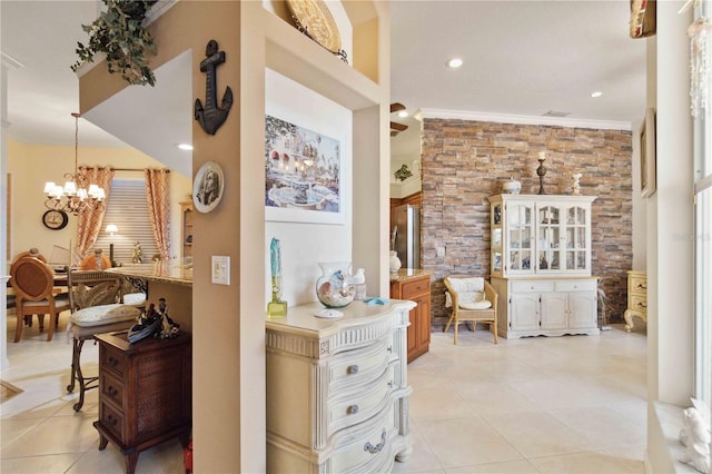 4804 Jacaranda Heights Dr, Venice, FL 34293 - hall with ornamental molding, light tile patterned floors, a chandelier, and recessed lighting