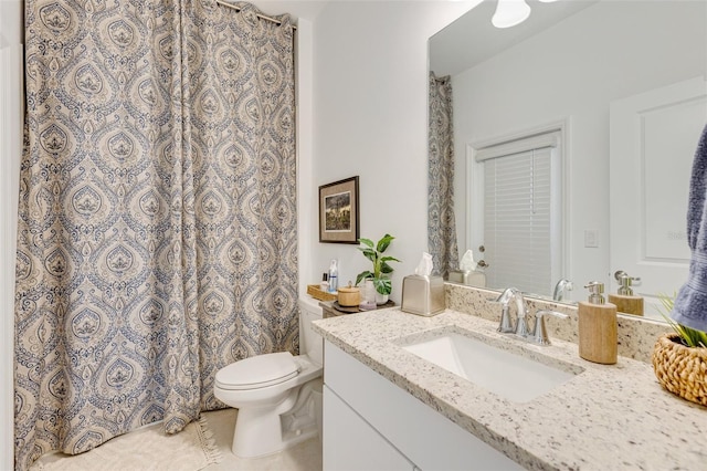 full bath with toilet, vanity, a shower with curtain, and tile patterned floors