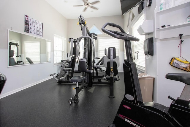 6307 Laurel Creek Trl, Ellenton, FL 34222 - workout room featuring a ceiling fan and baseboards