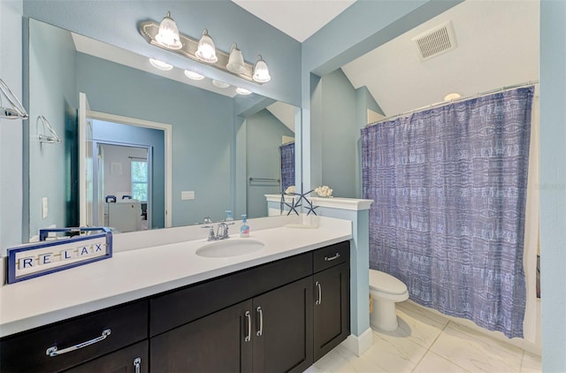 4500 Chinkapin Dr, Sarasota, FL 34232 - full bath with marble finish flooring, toilet, vanity, and a shower with curtain