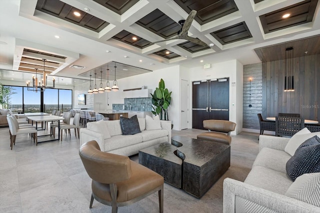 33 S Palm Ave Unit 1202, Sarasota, FL 34236 - living room with a chandelier, coffered ceiling, beamed ceiling, recessed lighting, and expansive windows