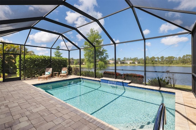 swimming pool with a water view, a patio area, and glass enclosure