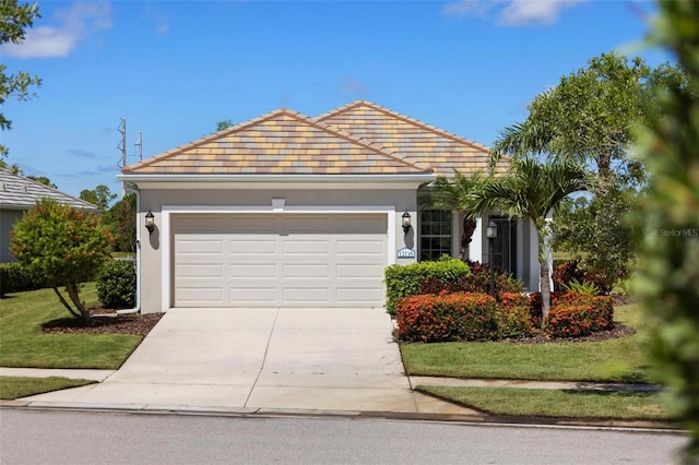 single story home with driveway, a garage, stucco siding, and a front lawn