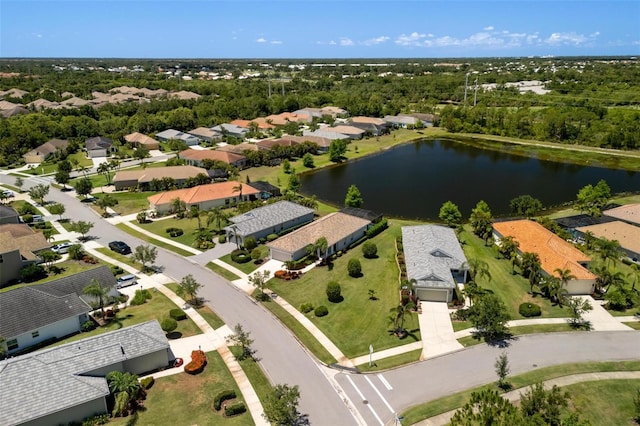 aerial perspective of suburban area with a large body of water