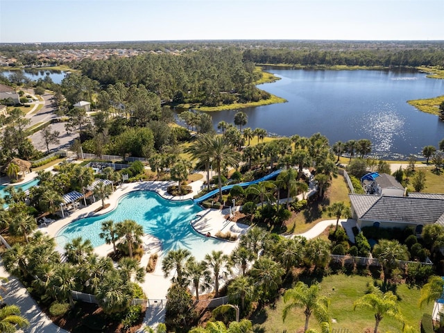 bird's eye view of a large body of water and a pool
