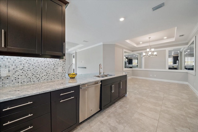 6250 Grandview Hill Ct, Bradenton, FL 34203 - kitchen with dishwasher, backsplash, a sink, a chandelier, and ornamental molding