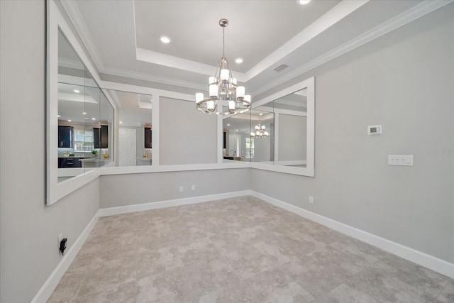 6250 Grandview Hill Ct, Bradenton, FL 34203 - unfurnished dining area featuring a chandelier, ornamental molding, recessed lighting, baseboards, and a raised ceiling