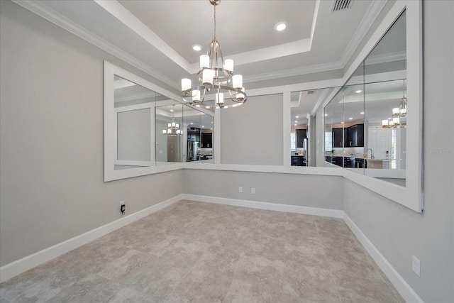 6250 Grandview Hill Ct, Bradenton, FL 34203 - unfurnished dining area with a chandelier, recessed lighting, ornamental molding, a raised ceiling, and baseboards