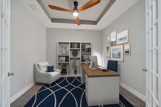 6250 Grandview Hill Ct, Bradenton, FL 34203 - carpeted office featuring ceiling fan, baseboards, and a raised ceiling