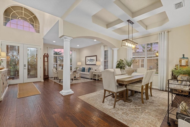 6907 47th Ct E, Ellenton, FL 34222 - dining area featuring decorative columns, coffered ceiling, hardwood / wood-style floors, recessed lighting, and beamed ceiling