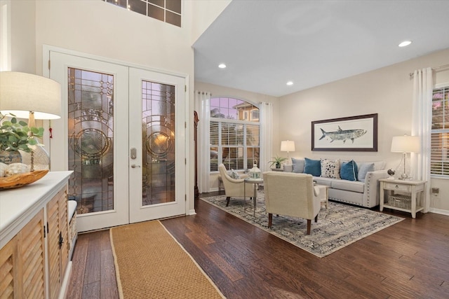 6907 47th Ct E, Ellenton, FL 34222 - living room with french doors, dark wood finished floors, and recessed lighting