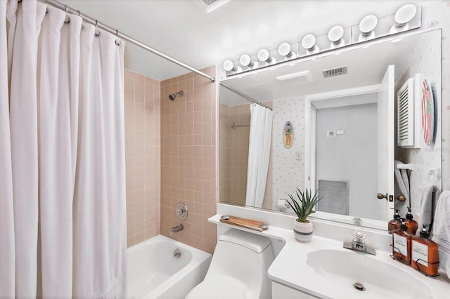 6480 Midnight Pass Rd Unit 311, Sarasota, FL 34242 - bathroom with shower / bathtub combination with curtain, wallpapered walls, toilet, and vanity