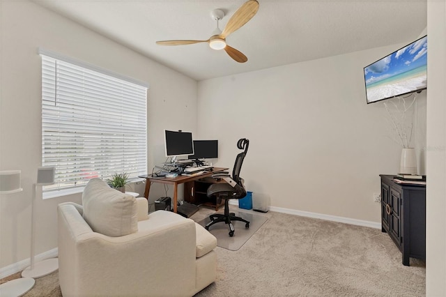 8628 Milestone Dr, Sarasota, FL 34238 - office with a ceiling fan, baseboards, and light colored carpet