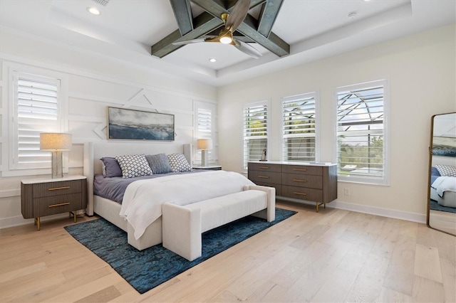 bedroom featuring coffered ceiling, light wood-style flooring, baseboards, beamed ceiling, and recessed lighting