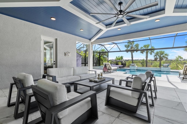 view of patio featuring outdoor lounge area, an outdoor pool, a lanai, and ceiling fan