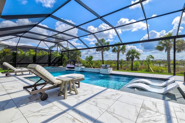 swimming pool with an outdoor hot tub, a patio, and glass enclosure
