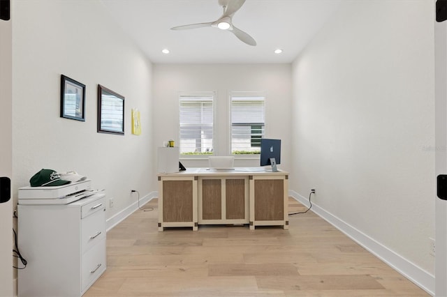 office area with a ceiling fan, light wood finished floors, baseboards, and recessed lighting