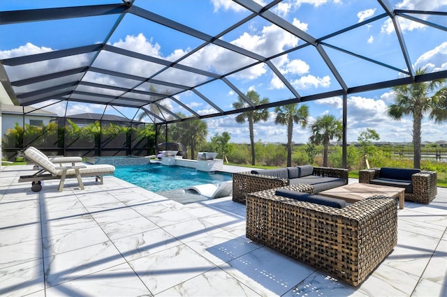 swimming pool with a patio, an outdoor living space, and a lanai