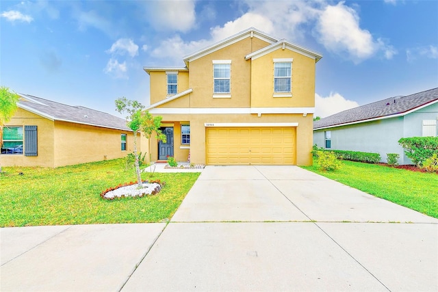 10944 Rainbow Pyrite Dr, Wimauma, FL 33598 - traditional-style house with stucco siding, a garage, concrete driveway, and a front lawn