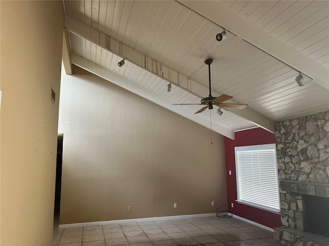 116 Wild Holly Ln, Longwood, FL 32779 - unfurnished living room featuring rail lighting, ceiling fan, tile patterned floors, wooden ceiling, and baseboards