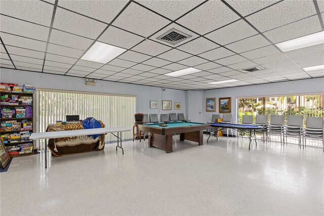 game room with billiards table and a drop ceiling