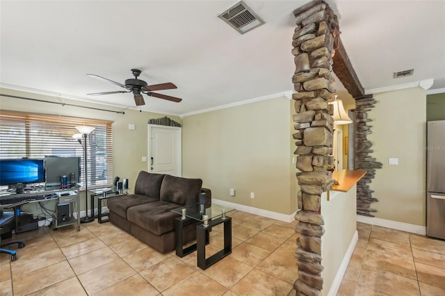 4468 Maraldo Ave, North Port, FL 34287 - living room featuring a desk, a ceiling fan, ornamental molding, and light tile patterned flooring