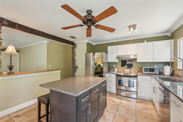 4468 Maraldo Ave, North Port, FL 34287 - kitchen with stainless steel appliances, a sink, under cabinet range hood, white cabinets, and a kitchen breakfast bar