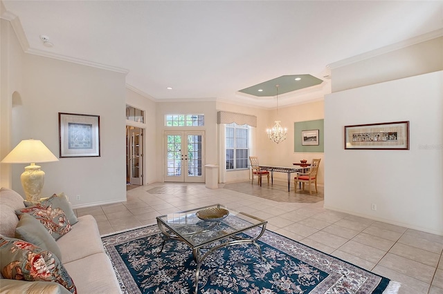 766 Shadow Bay Way, Osprey, FL 34229 - living area featuring a chandelier, crown molding, light tile patterned flooring, french doors, and recessed lighting