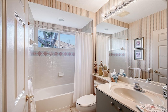 766 Shadow Bay Way, Osprey, FL 34229 - bathroom featuring vanity, shower / bath combo, wallpapered walls, and tile patterned floors