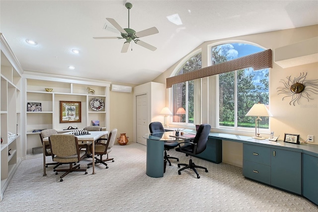 766 Shadow Bay Way, Osprey, FL 34229 - home office featuring plenty of natural light, ceiling fan, light carpet, vaulted ceiling, and recessed lighting