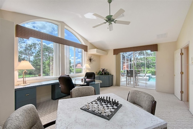 766 Shadow Bay Way, Osprey, FL 34229 - office featuring vaulted ceiling, light colored carpet, and a ceiling fan