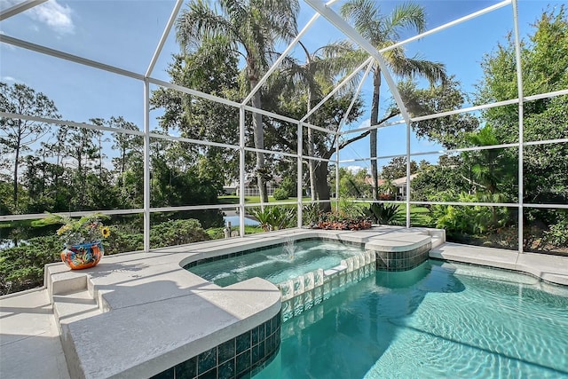 766 Shadow Bay Way, Osprey, FL 34229 - view of pool featuring glass enclosure and a pool with connected hot tub