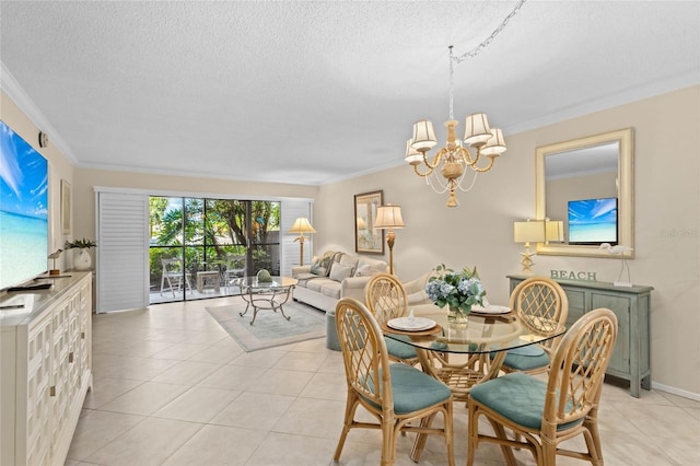 1001 Benjamin Franklin Dr Unit 106, Sarasota, FL 34236 - dining space featuring a chandelier, a textured ceiling, ornamental molding, and light tile patterned floors