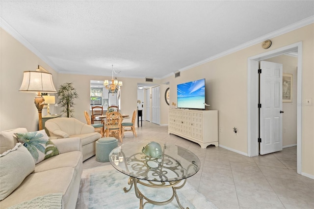 1001 Benjamin Franklin Dr Unit 106, Sarasota, FL 34236 - living room featuring a chandelier, ornamental molding, baseboards, light tile patterned floors, and a textured ceiling