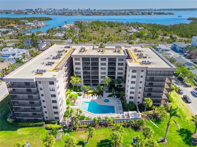 1001 Benjamin Franklin Dr Unit 106, Sarasota, FL 34236 - aerial view of apartment complex, a pool, and a large body of water