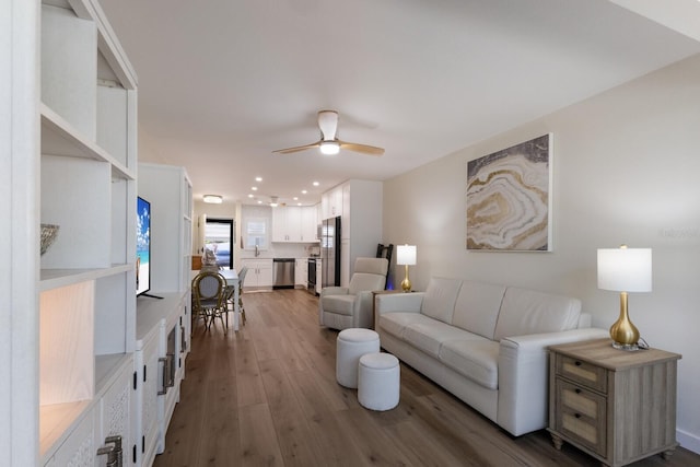 5623 Midnight Pass Rd Unit 615, Sarasota, FL 34242 - living room with a ceiling fan, wood finished floors, and recessed lighting