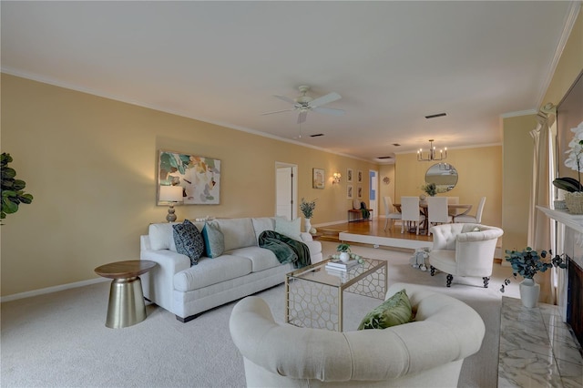 5039 Kestral Park Dr Unit 67, Sarasota, FL 34231 - living room with carpet flooring, crown molding, baseboards, ceiling fan, and a chandelier